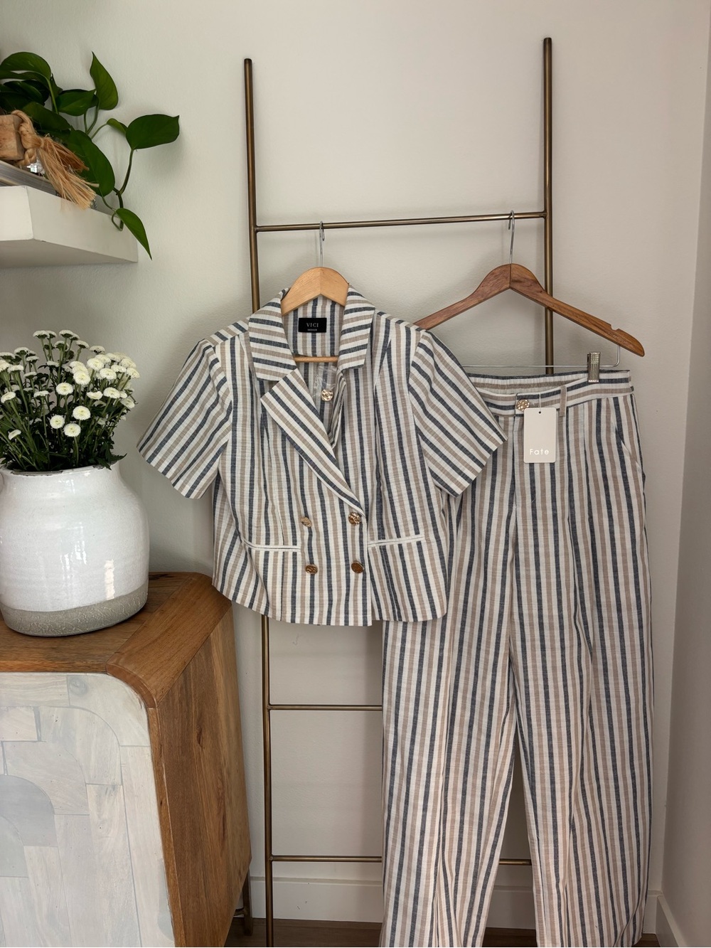Vici Beige and Navy Striped Short-Sleeve Blazer & Wide-Leg Trousers Set